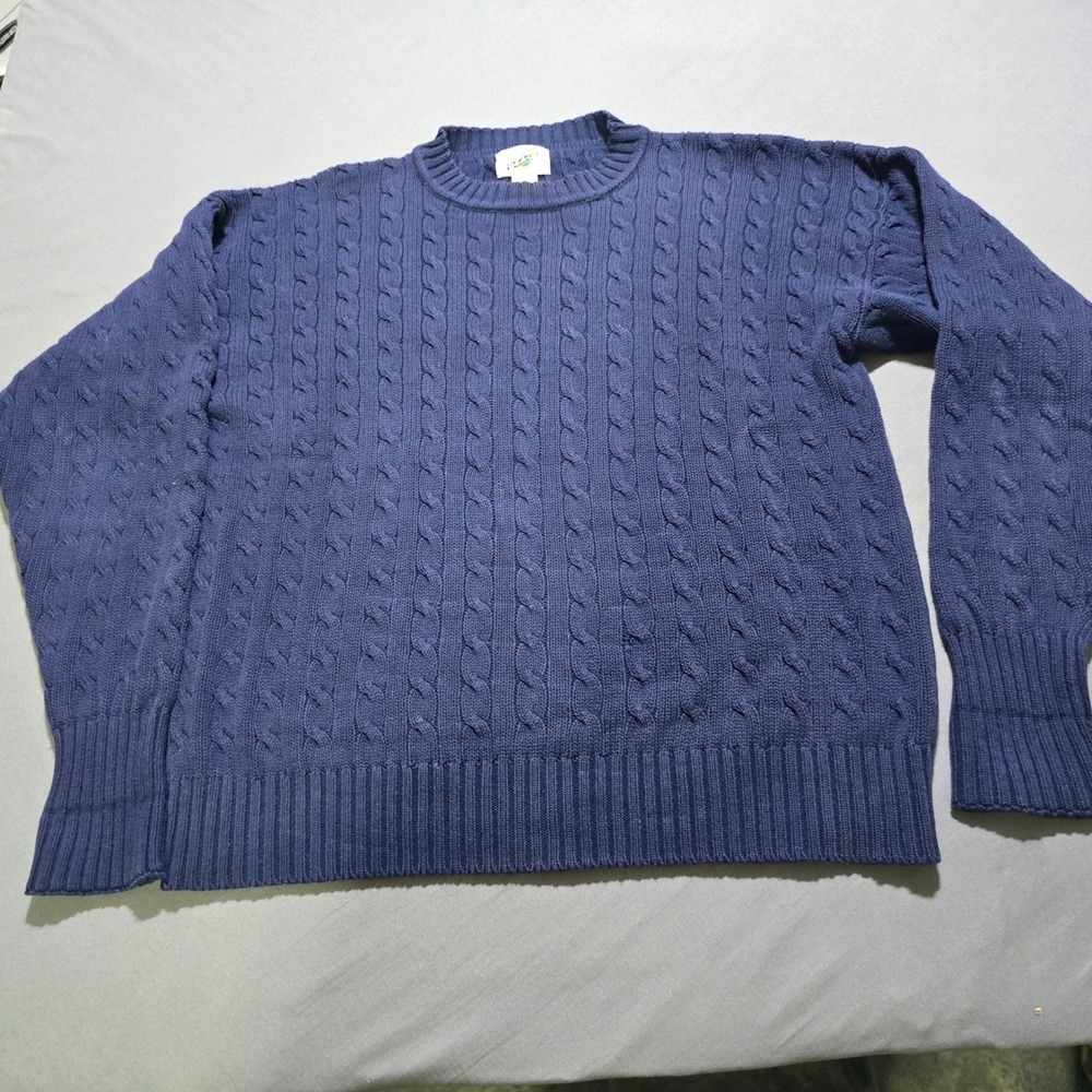 Field Gear Cable Knit Sweater Mens Large Navy Blue 100% Cotton Crewneck  y2k